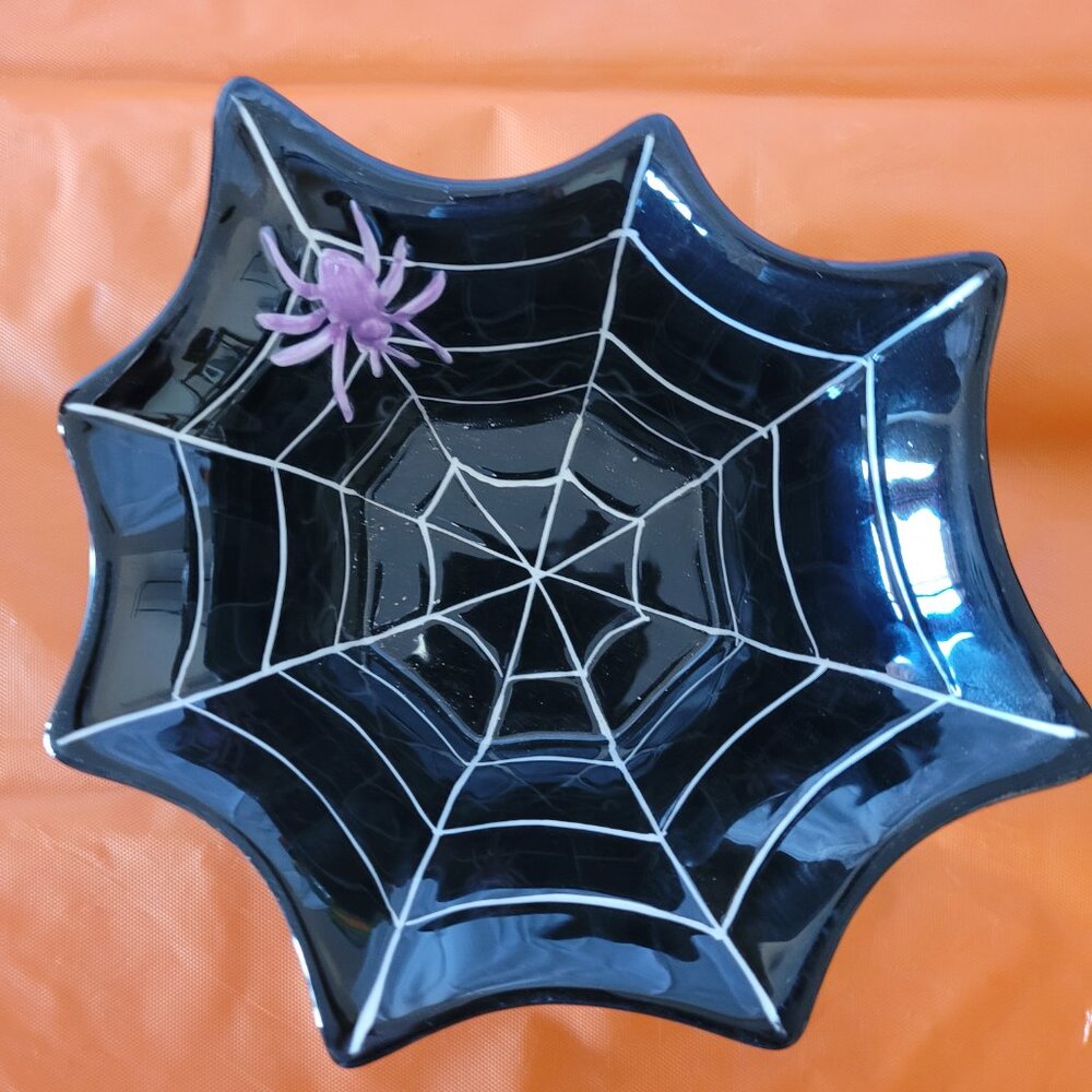 Hausen Ware Ceramic Halloween Black & Purple Spider with Web Trinket Candy Dish